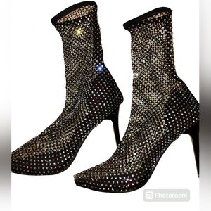 Diamond Black Diamante Fishnet Mesh Pointy Toe Stiletto Sock High Heels Size 8.5